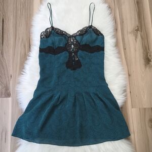 Vintage 80s Victoria's Secret Teal And Black Lingerie Lace Slip Dress